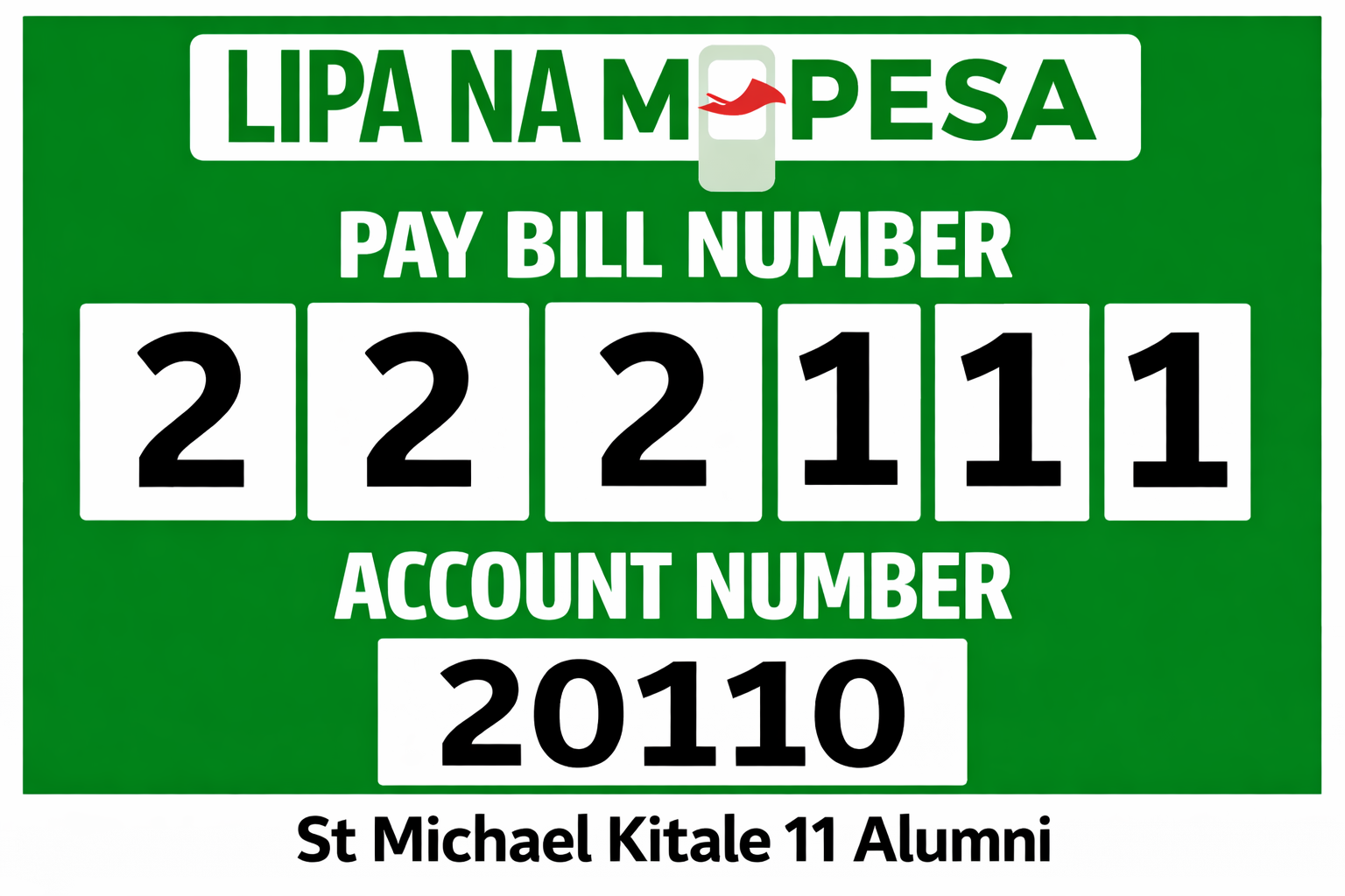 Paybill Details: Paybill Number 222111, Account 20110
